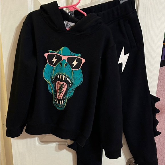 Lola + The Boys Other - Lola + The Boys Black Hoodie Set with Dinosaur and Lightening Design